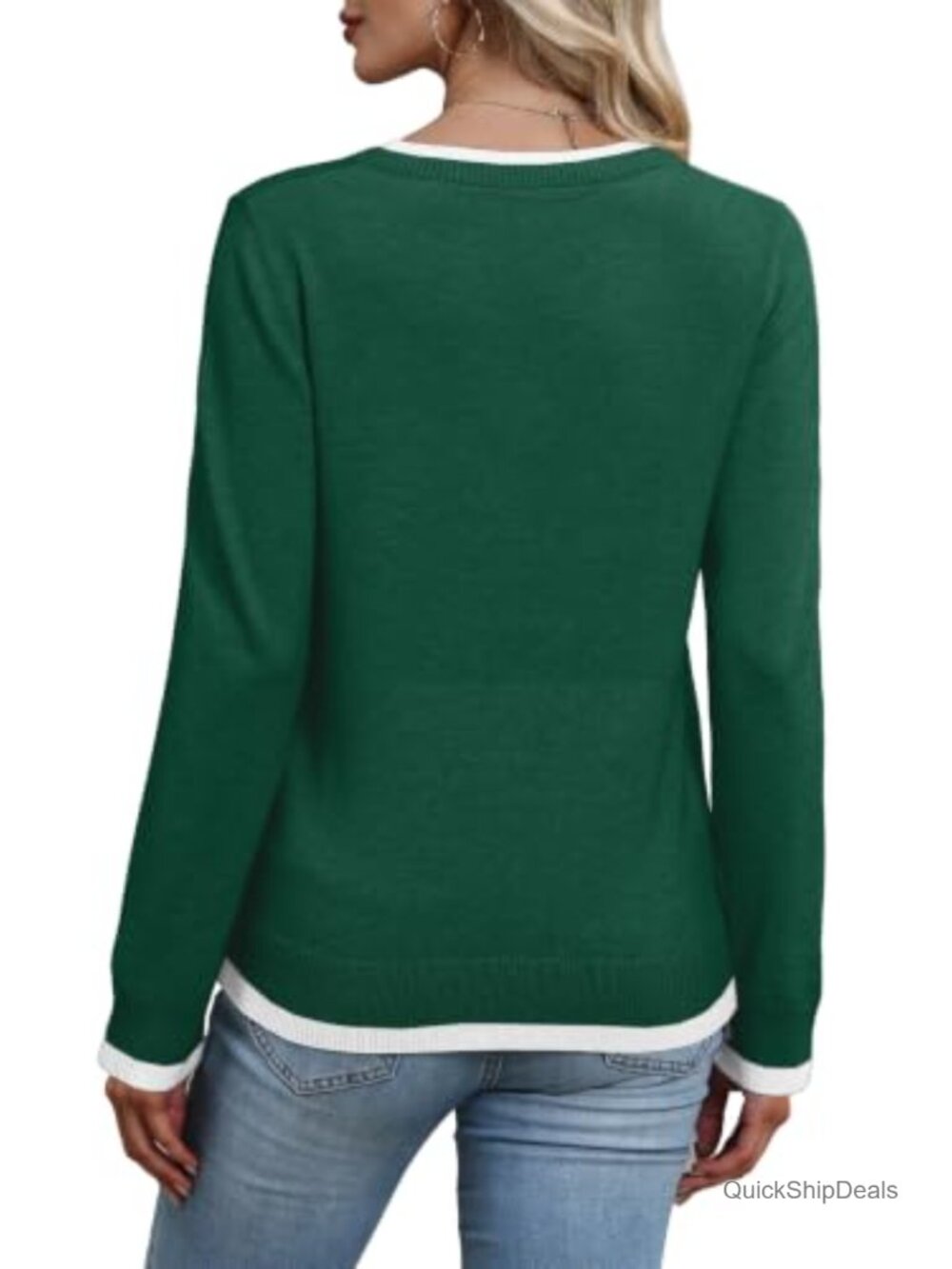 Women's V-Neck Long Sleeve Knit Pullover Sweater Lightweight Faux Layer - Picture 4 of 6